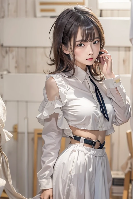 (upper body) , masterpiece , top quality , very detailed , 1 person, (contrasting eyes) , standing , blouse, skirt , bangs , room , indoor