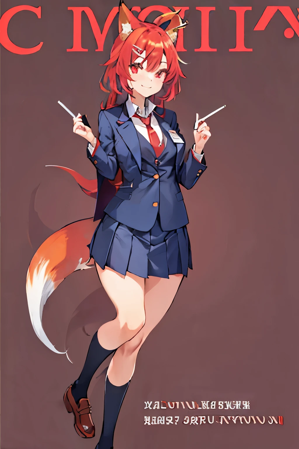 Firefox-Skollie, red eyes, fox girl, multiple tails, multicolored hair, 1girl, hairclip, solo, light smile, small breasts, looking at viewer, 
school uniform, pleated skirt, necktie, open jacket, magazine cover, simple background, 
(masterpiece:1.1), (best quality:1.1), (ultra-detailed:1.1), (illustration:1.1),