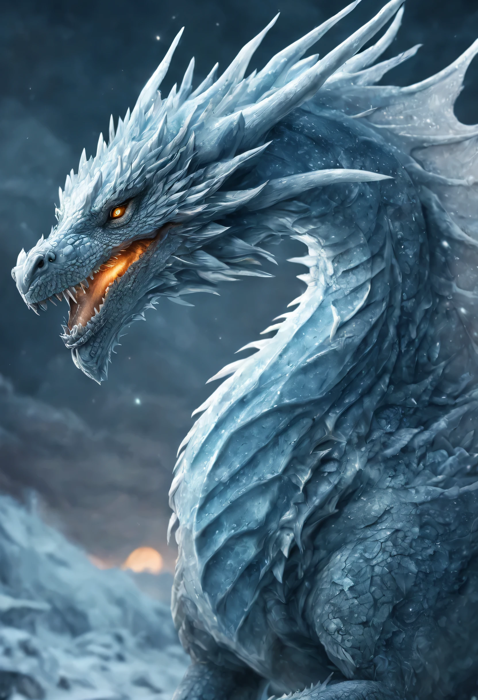 ice dragon, realistic, desolate, intricately detailed, artistic lighting, particles, beautiful, amazing, highly detailed, digital art, sharp focus, trending on art station