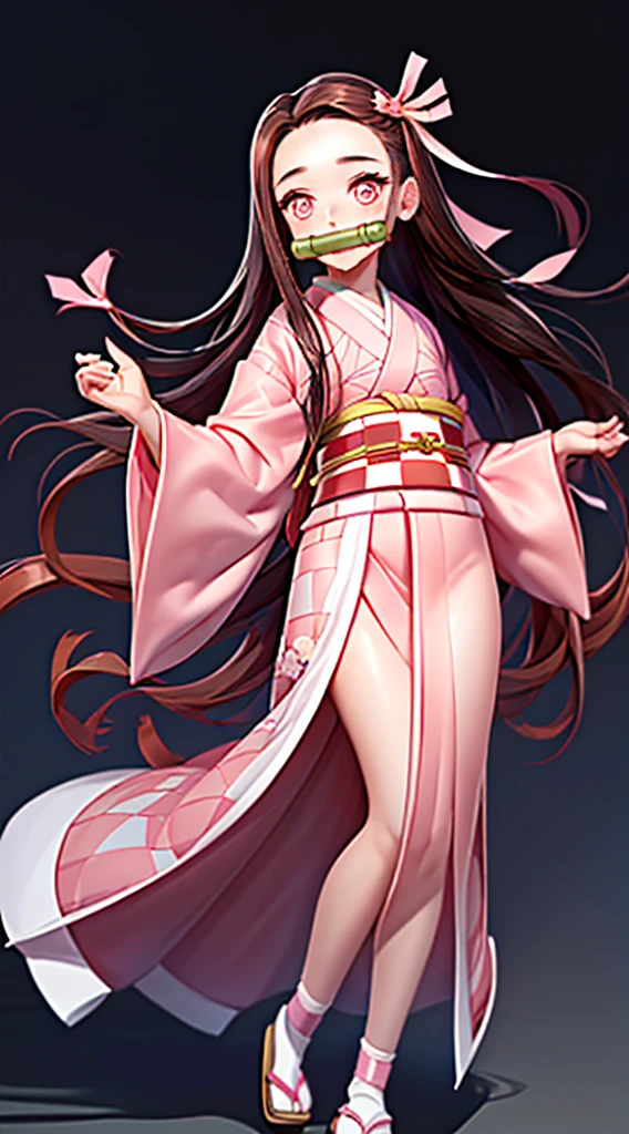 Masterpiece, best quality, high resolution, venus1, 1girl, solo, kamato nezuko, bamboo, brown hair, (((pink ribbon)) checkered belt, gag, gag, gradient hair, haori, japanese clothes, kimono, long hair, looking at the audience, pink eyes, pink kimono, pink ribbon, solo, full body