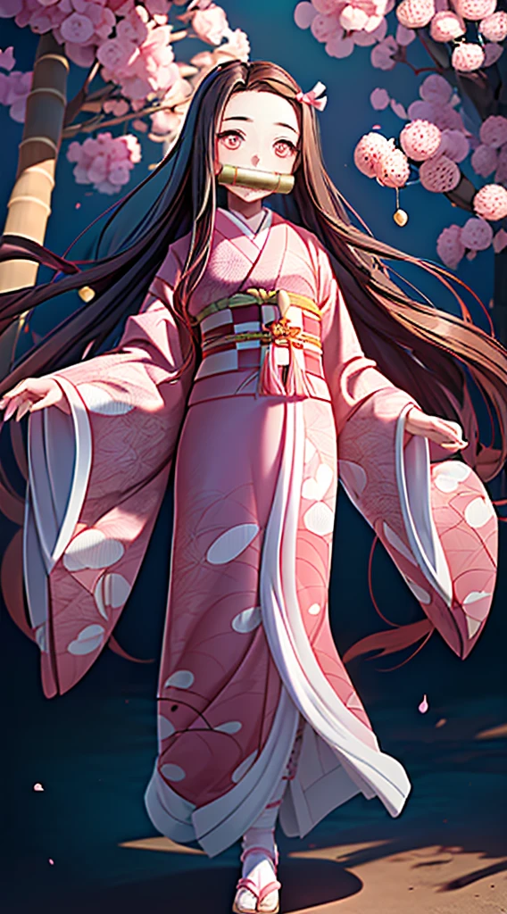 Masterpiece, best quality, high resolution, venus1, 1girl, solo, kamato nezuko, bamboo, brown hair, (((pink ribbon)) checkered belt, gag, gag, gradient hair, haori, japanese clothes, kimono, long hair, looking at the audience, pink eyes, pink kimono, pink ribbon, solo, full body