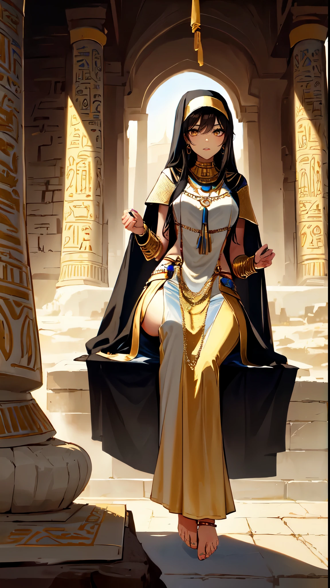 (sitting position:2.0)(brown skin:2.0)same character,long black hair,Standing close-up,civilization,Mature beauty,Long narrow eyes,wheat colored skin,Qi bangs,golden eyes,(eye shadow,makeup feel),Ancient Egyptcivilization,Oasis background,(The Nile,Nile River,Epic feeling),A wide range of jewelry,(Style white long skirt,priestess dress,veil),necklace,her wheat-colored skin,Exotic,barefoot,Gemstone anklets,Detailedly drawn backgrounds