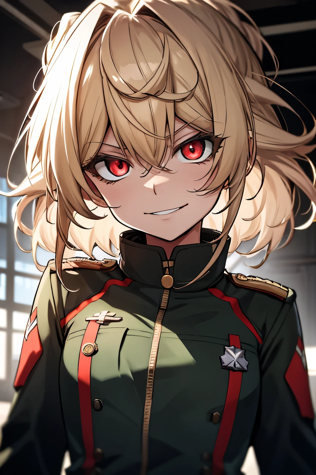 (masterpiece, best quality: 1.1), 1girl solo, tanya, 1girl, solo, , flat chest, small breasts, curvy, military, military uniform, ,, evil smile, wicked expression, anger, red eyes, neutral lighting