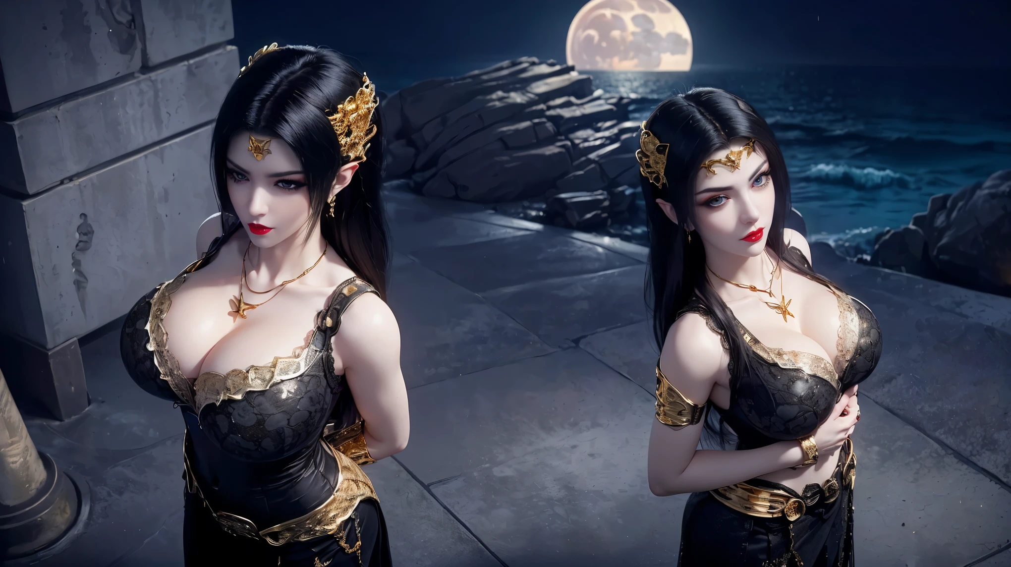 1 Extremely beautiful queen,Wearing an ultra-thin white lace bikini,sexy pose,(huge breasts: 1.2),(((breast close-up)), , (((spread legs))),((((fullbody,)))), ((long black hair:1.6 )), Jewelry crafted with gemstones and beautiful hair, (((Wear a 24K gold lace necklace:1.4))), noble, noble style of an extremely beautiful girl, hyper pretty face, Thin eyebrows, flawless beautiful face, ((dark circles pupils: 0.8)), very beautiful eyes, ((platinum blue eyes: 1 ,6)), (((big eyes: 1.6))), Beautiful and detailed makeup, Wet eye makeup eyelashes, high nose, earrings, red lips, ((Keep your mouth shut: 1.5) ) beautiful lips, Delicate arms, The most beautiful thighs, ((chest facing the audience,Put your arms behind your back: 1.6) ), rosy face, clean face, flawless beautiful face, Light滑白皙的皮肤, (( super big and round firm breast: 1.8)), firm breast, Beautiful cleavage, beautiful , Perfect figure and well proportioned body, back arm, Open the chest, , 8k photos, super high quality, Surreal, Super 10x pixels, Light学的, bright studio, bright edge, Lighting two-tone, (High detail skin: 1.2), Ultra 8K, soft Light, high quality, volumetric Light, Light学的, Light学的 high resolution, Light, Best lenses,smooth sharpness, 10 x pixels, ((sea and moonLight at night background: 1.5)), Surreal主义 graphics, The most realistic graphics,