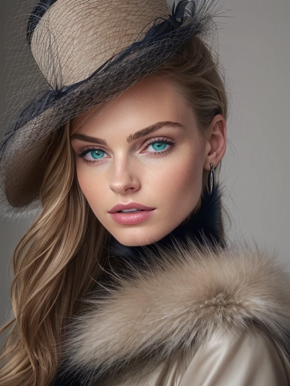 a close up of a woman wearing a Light Green hat and earrings, sleek dark fur, Light Green Fur, Russian style, very beautiful fur, fine fur, Dasha Taran, dark fur, Fur details, top hat, Anastasia Ovchinnikova, Light Green hat, synthetic fur, Elena Belova, wearing a top hat, Julia Gorokhova,Beautiful maturation, ((slim, )), photographrealistic, photograph, masterpiece, realistic, realism, photographrealism, high contrast, photographrealistic digital art trending on Artstation 8k HD high definition be familiar with realistic, be familiar with, skin texture, hyper be familiar with, realistic skin texture, armature, highest quality, 超High resolution, (photographrealistic:1.4),, High resolution, be familiar with, close up shot, sharp focus, (1 girl, european girl, Featured models), realistic skin, (slimな体型), Platinum-colored side sweep shorthair, highly detailed hair, delicate face, glossy lips,