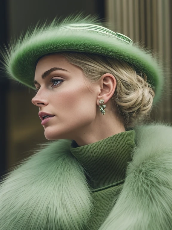 a close up of a woman wearing a Light Green hat and earrings, sleek dark fur, Light Green Fur, Russian style, very beautiful fur, fine fur, Dasha Taran, dark fur, Fur details, top hat, Anastasia Ovchinnikova, Light Green hat, synthetic fur, Elena Belova, wearing a top hat, Julia Gorokhova,Beautiful maturation, ((slim, )), photographrealistic, photograph, masterpiece, realistic, realism, photographrealism, high contrast, photographrealistic digital art trending on Artstation 8k HD high definition be familiar with realistic, be familiar with, skin texture, hyper be familiar with, realistic skin texture, armature, highest quality, 超High resolution, (photographrealistic:1.4),, High resolution, be familiar with, close up shot, sharp focus, (1 girl, european girl, Featured models), realistic skin, (slimな体型), Platinum-colored side sweep shorthair, highly detailed hair, delicate face, glossy lips,