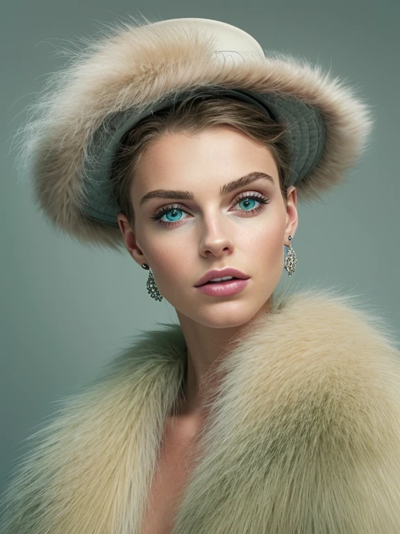a close up of a woman wearing a Light Green hat and earrings, sleek dark fur, Light Green Fur, Russian style, very beautiful fur, fine fur, Dasha Taran, dark fur, Fur details, top hat, Anastasia Ovchinnikova, Light Green hat, synthetic fur, Elena Belova, wearing a top hat, Julia Gorokhova,Beautiful maturation, ((slim, )), photographrealistic, photograph, masterpiece, realistic, realism, photographrealism, high contrast, photographrealistic digital art trending on Artstation 8k HD high definition be familiar with realistic, be familiar with, skin texture, hyper be familiar with, realistic skin texture, armature, highest quality, 超High resolution, (photographrealistic:1.4),, High resolution, be familiar with, close up shot, sharp focus, (1 girl, european girl, Featured models), realistic skin, (slimな体型), Platinum-colored side sweep shorthair, highly detailed hair, delicate face, glossy lips,