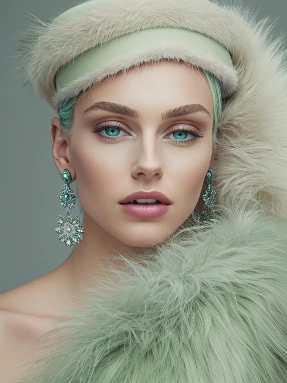 a close up of a woman wearing a Light Green hat and earrings, sleek dark fur, Light Green Fur, Russian style, very beautiful fur, fine fur, Dasha Taran, dark fur, Fur details, top hat, Anastasia Ovchinnikova, Light Green hat, synthetic fur, Elena Belova, wearing a top hat, Julia Gorokhova,Beautiful maturation, ((slim, )), photographrealistic, photograph, masterpiece, realistic, realism, photographrealism, high contrast, photographrealistic digital art trending on Artstation 8k HD high definition be familiar with realistic, be familiar with, skin texture, hyper be familiar with, realistic skin texture, armature, highest quality, 超High resolution, (photographrealistic:1.4),, High resolution, be familiar with, close up shot, sharp focus, (1 girl, european girl, Featured models), realistic skin, (slimな体型), Platinum-colored side sweep shorthair, highly detailed hair, delicate face, glossy lips,