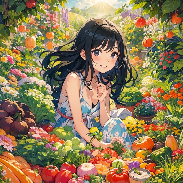 Pi-chan, the Japanese girl with long, luscious black hair, sat contentedly among the vibrant and plentiful vegetables that surrounded her. The clear skies above casting a warm, gentle light over the scene. With a radiant smile playing on her lips, she savored the peace and tranquility of her garden paradise.cute One-piece dress