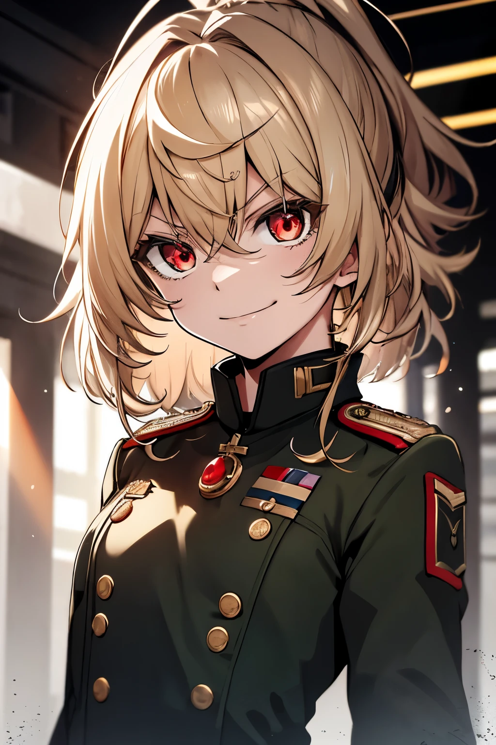 (masterpiece, best quality: 1.1), 1girl solo, tanya, 1girl, solo, , flat chest, small breasts, curvy, military, military uniform, ,, evil smile, wicked expression, anger, red eyes, neutral lighting
