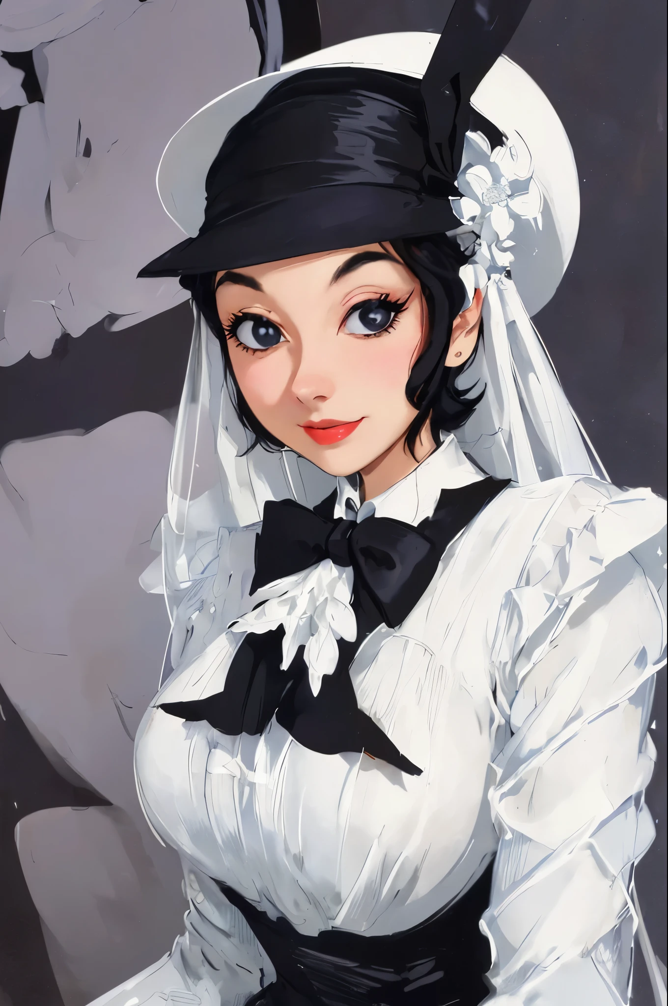 arafed woman in a white hat and black dress with a black bow, a colorized photo by Stan Galli, flickr, pop art, in costume, “ painting, old hollywood, vintage movie shot, circa 1940s, vintage color photo, 1952, belle, 1 9 5 5, 1955, 1940s