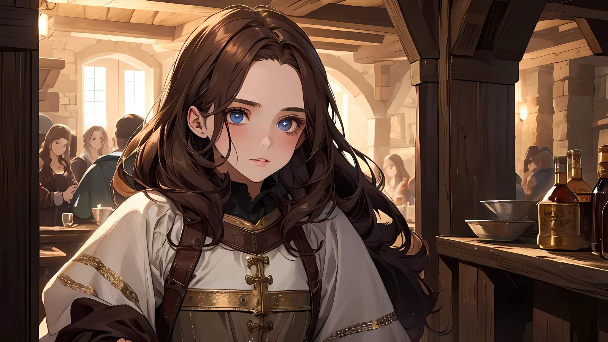 ung female, 1 kid girl, brown hair, beautiful face, detailed face, detailed eyes, detailed nose, in a small room, medieval times, in a tavern
