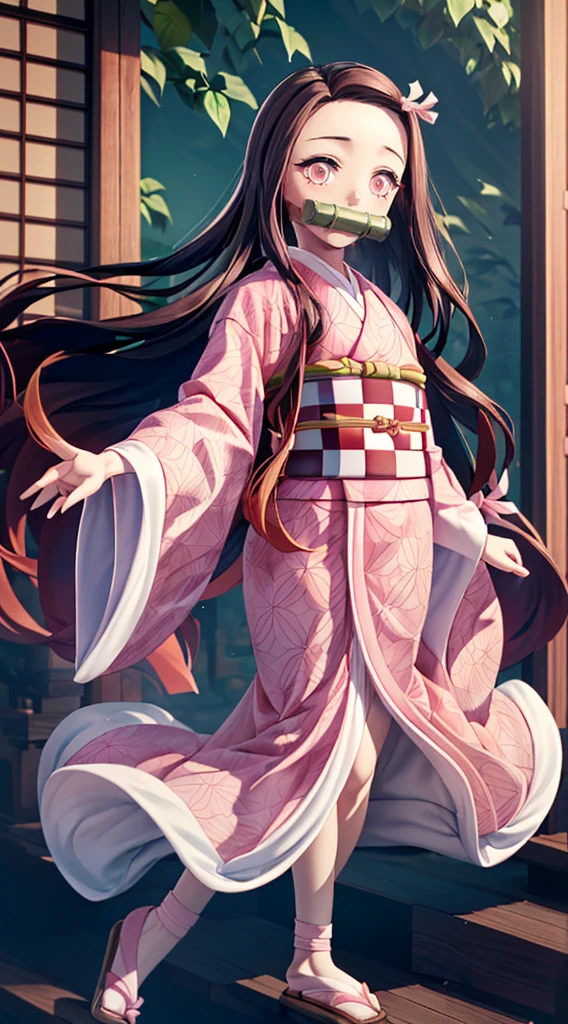 Masterpiece, best quality, high resolution, venus1, 1girl, solo, kamato nezuko, bamboo, brown hair, (((pink ribbon)) checkered belt, gag, gag, gradient hair, haori, japanese clothes, kimono, long hair, looking at the audience, pink eyes, pink kimono, pink ribbon, solo, full body