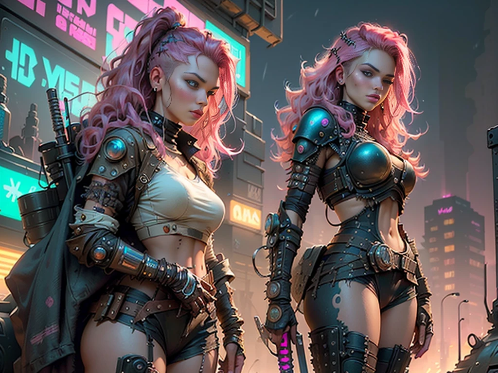((best quality)), ((masterpiece)), (highly detailed:1.3), 3D, Beautiful (cyberpunk:1.3) Beautiful woman with wavy and voluminous hair in modern style,((with weapons in hands)), ( ((futuristic mad max movie style backdrop))), (((at night pink and cyan neon lighting)))