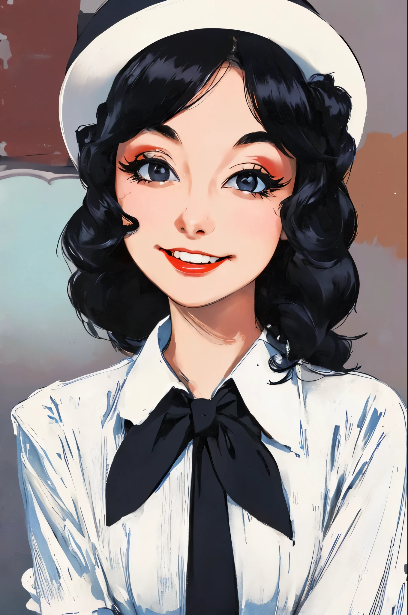 arafed woman in a white hat and black dress with a black bow, a colorized photo by Stan Galli, flickr, pop art, in costume, “ painting, old hollywood, vintage movie shot, circa 1940s, vintage color photo, 1952, belle, 1 9 5 5, 1955, 1940s