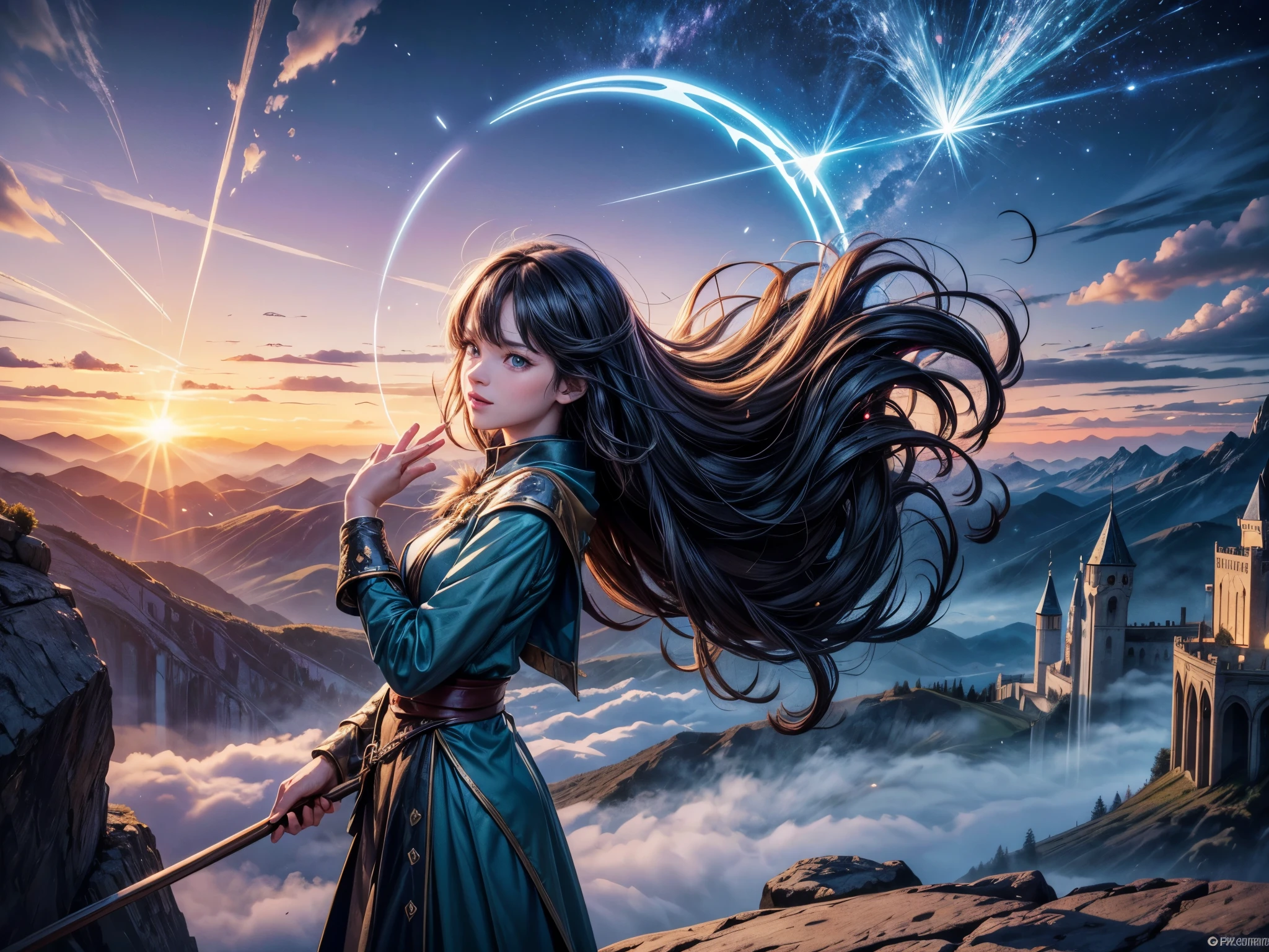 (best quality,4k,highres),vivid colors, (futuristic:1.1) flying broomstick race in a magical sky, (dynamic:1.1) bustling town below,(fantasy:1.1) thrilling race through the clouds, (intense:1.1) high-speed stunts, (captivating:1.1) breathtaking views, (energetic:1.1) wizards maneuvering with precision, (mesmerizing:1.1) enchanting spell effects, (adrenaline-filled:1.1) competition, (competitive:1.1) skilled participants, (excitement:1.1) spectators cheering wildly, (elation:1.1) winner's triumphant celebration, (fast-paced:1.1) action-packed event, (magical:1.1) atmosphere, (dream-like:1.1) sensation, (amazing:1.1) aerial acrobatics, (multi-dimensional:1.1) racecourse, (grand:1.1) start and finish line, (fantastical:1.1) broomsticks of different designs, (diverse:1.1) wizards of various ages, (enthusiastic:1.1) crowd, (eye-catching:1.1) costumes, (epic:1.1) battle between magical forces, (stunning:1.1) sunrise and sunset, (majestic:1.1) mountain range on the horizon, (dramatic:1.1) cloud formations, (immersive:1.1) experience, (thrilling:1.1) twists and turns, (enchanted:1.1) forest below, (seamless:1.1) blend of nature and magic, (electrifying:1.1) energy in the air, (spellbinding:1.1) display of wizarding skills, (captivating:1.1) audience reactions, (unforgettable:1.1) spectacle, (awe-inspiring:1.1) wonder of the wizarding world.