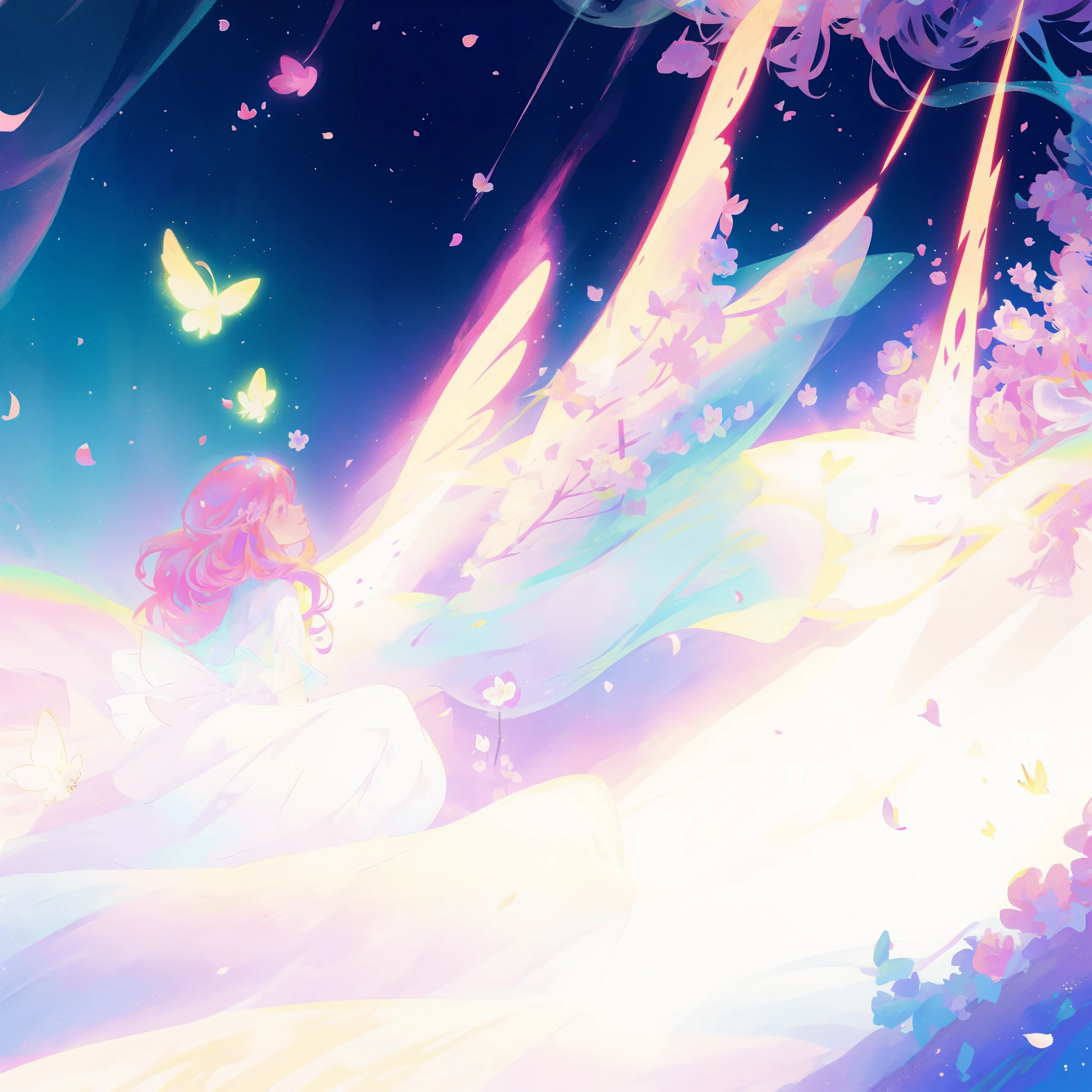 beautiful girl in tiered gradient ballgown dress, gradient colorful dress, ((layered flower petal skirt)), fairy dress, fairy queen, magical fantasia background, (glowing fairy wings), glowing flowing ballgown, long wavy hair, sparkling fairy wings, watercolor illustration, inspired by Glen Keane, inspired by Lois van Baarle, disney art style, jen bartel, beautiful digital illustration, beautiful, masterpiece, best quality, anime disney style
