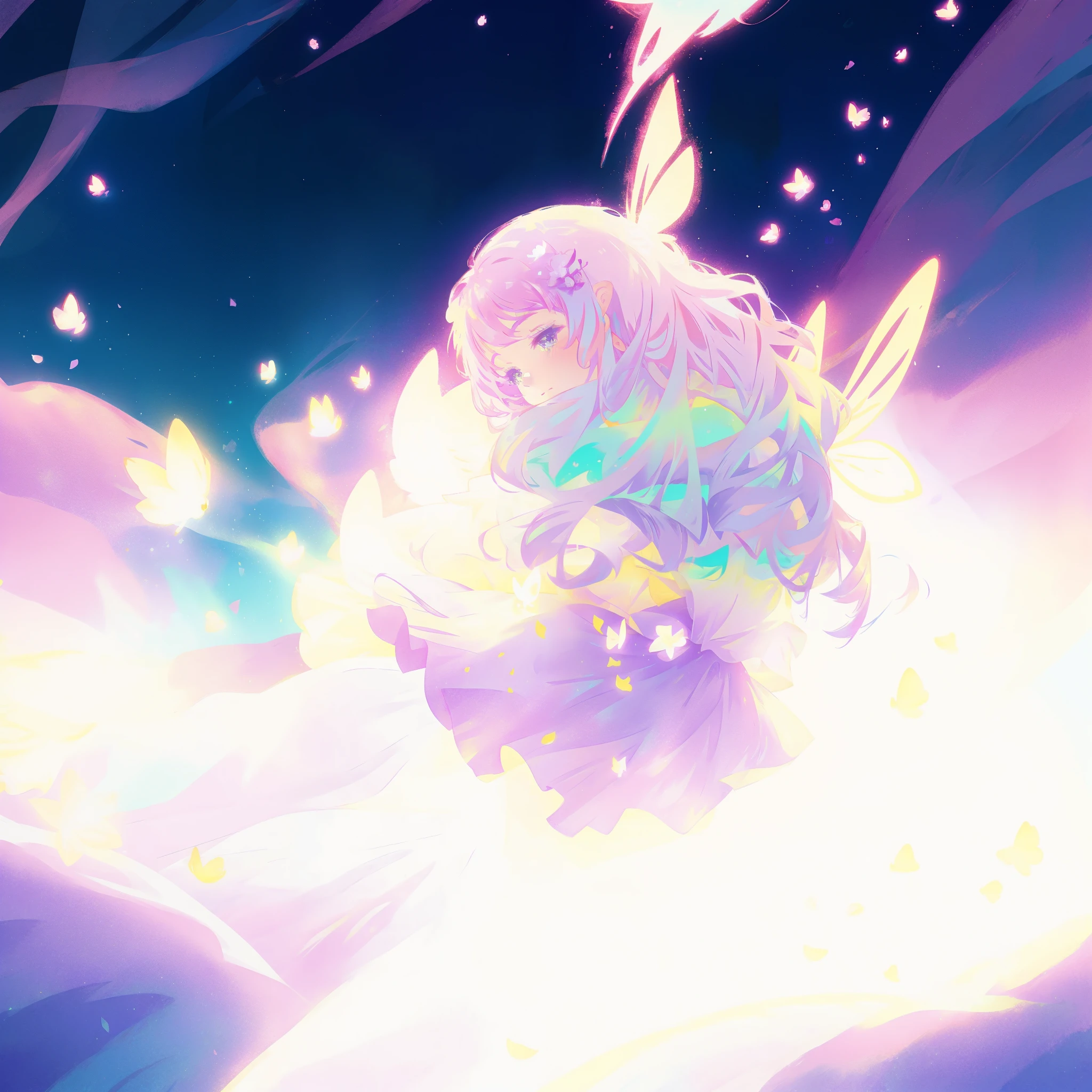 beautiful girl in tiered gradient ballgown dress, gradient colorful dress, ((layered flower petal skirt)), fairy dress, fairy queen, magical fantasia background, (glowing fairy wings), glowing flowing ballgown, long wavy hair, sparkling fairy wings, watercolor illustration, inspired by Glen Keane, inspired by Lois van Baarle, disney art style, jen bartel, beautiful digital illustration, beautiful, masterpiece, best quality, anime disney style