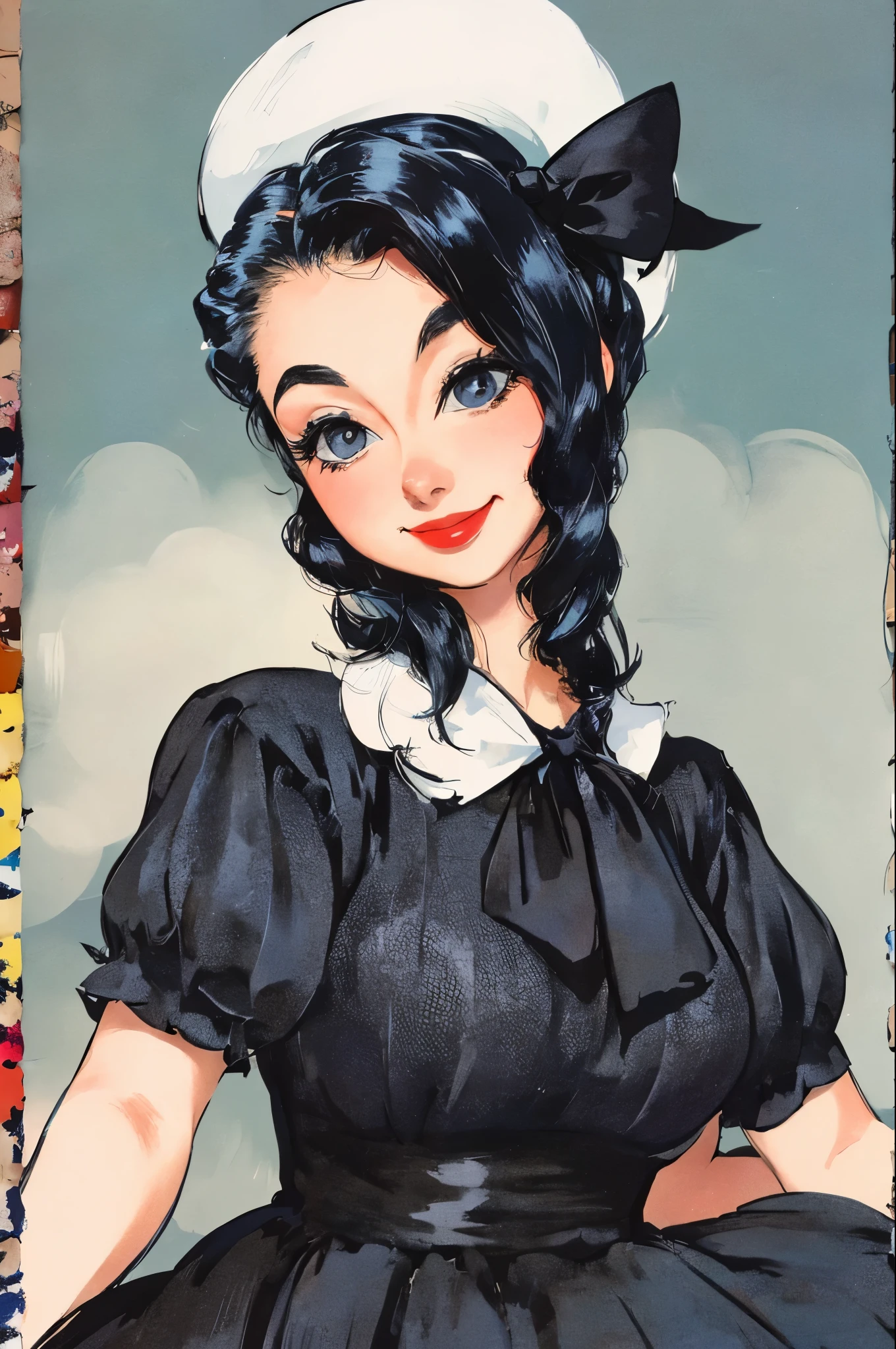 arafed woman in a white hat and black dress with a black bow, a colorized photo by Stan Galli, flickr, pop art, in costume, “ painting, old hollywood, vintage movie shot, circa 1940s, vintage color photo, 1952, belle, 1 9 5 5, 1955, 1940s