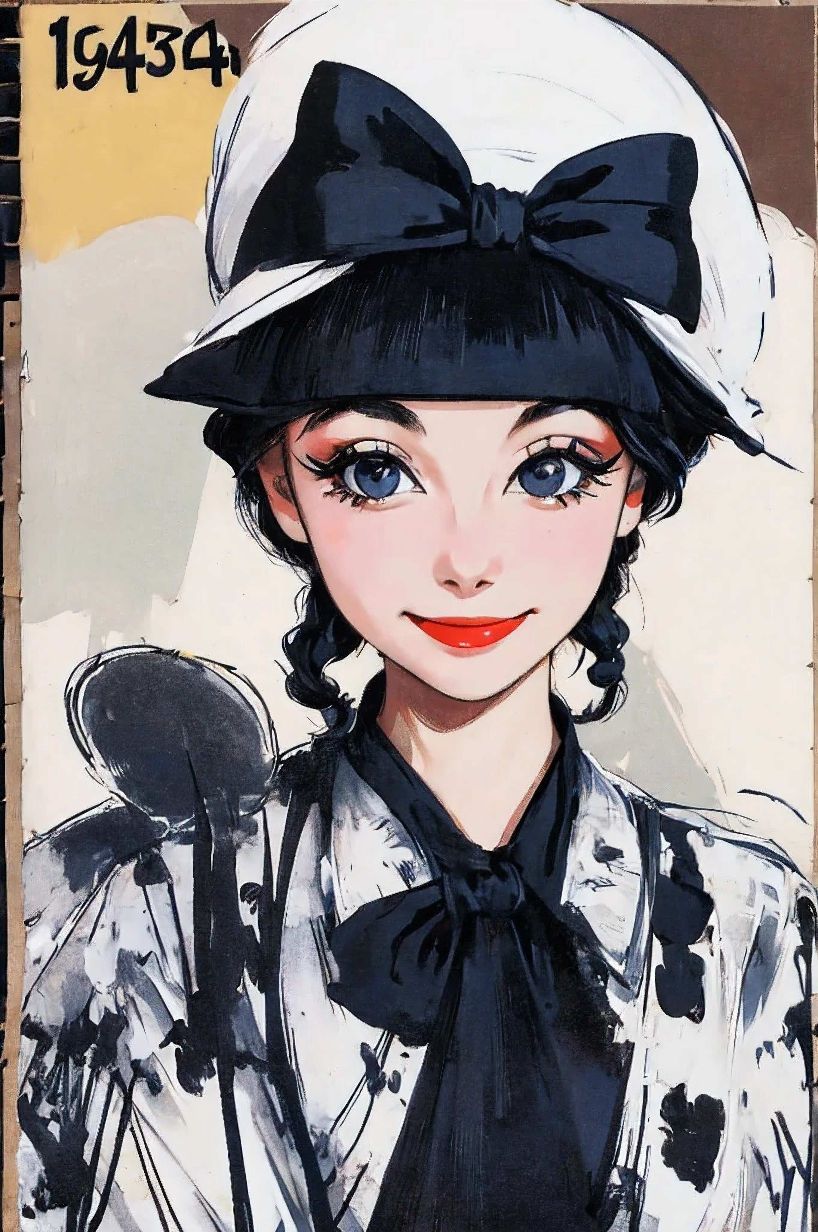 arafed woman in a white hat and black dress with a black bow, a colorized photo by Stan Galli, flickr, pop art, in costume, “ painting, old hollywood, vintage movie shot, circa 1940s, vintage color photo, 1952, belle, 1 9 5 5, 1955, 1940s