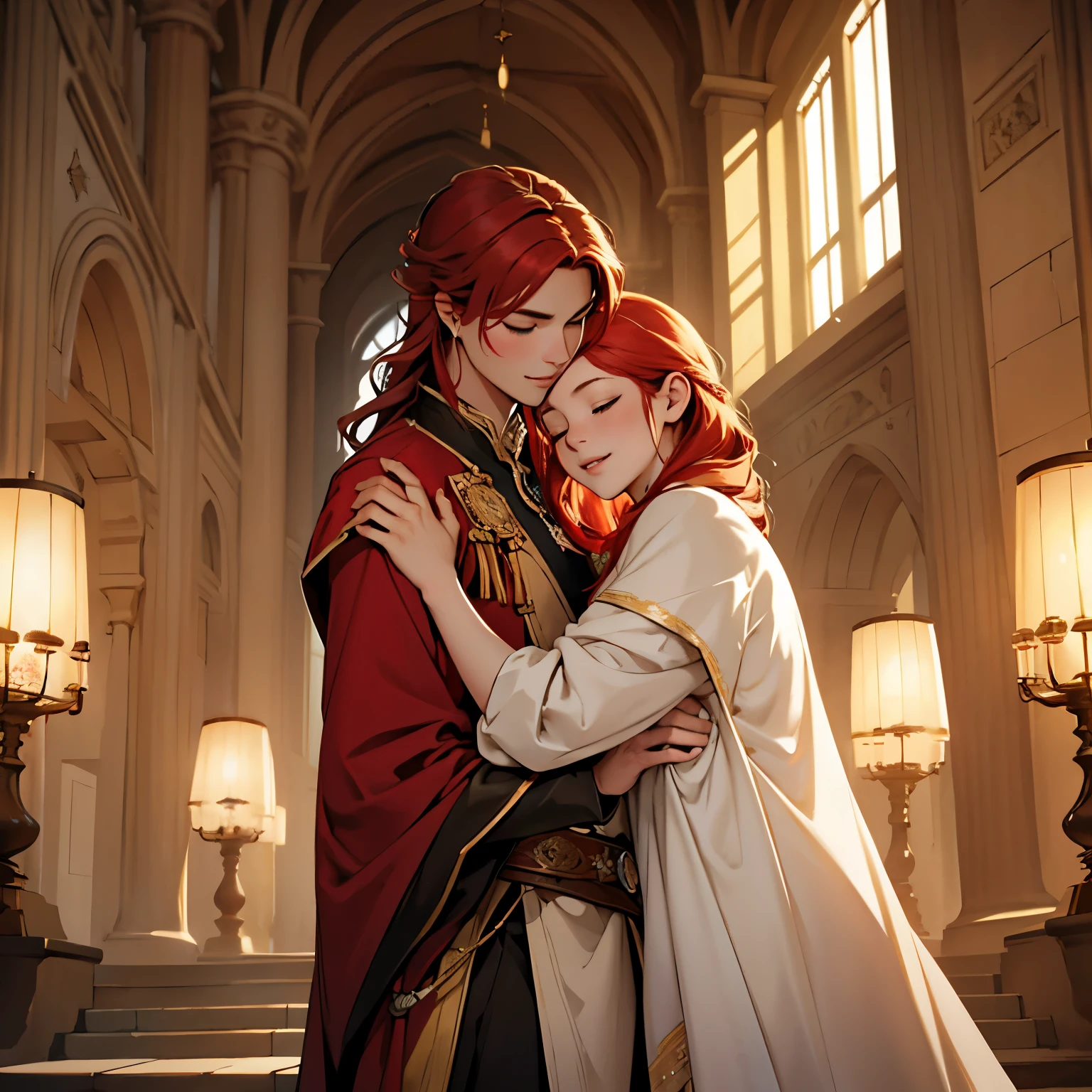 A girl with red hair and blue eyes, wearing noble clothes, with a gentle smile, in a Palace environment. (Eight years:1.8), [vibrant colors], [oil painting], [detailed background], [soft lighting], [high resolution], [elegant atmosphere], [beautifully detailed eyes], [beautifully detailed lips], [long eyelashes], hugging a young man with red hair, closed eyes and royal clothes, pale skin and enviable beauty.