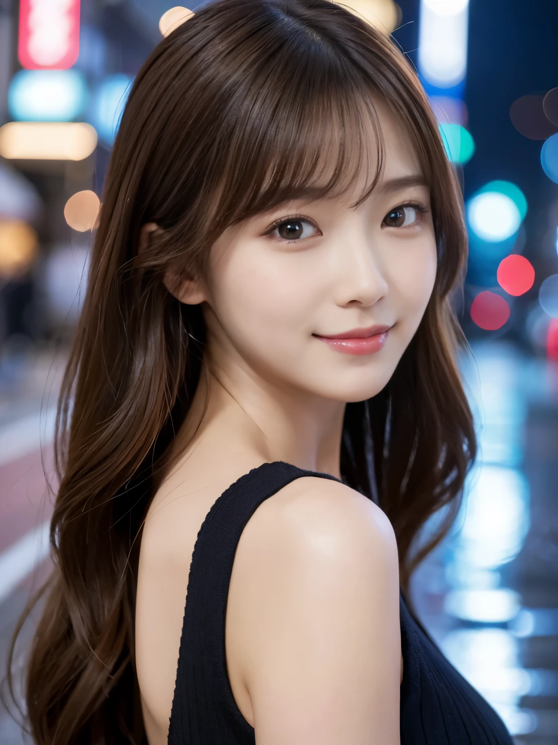 Masterpiece, 1 beautiful girl, A detailed eye, Puffy eyes, top-quality, 超A high resolution, (Realistic: 1.4), cinematic lighting, japanese, Asian Beauty, Super beauty, Beautiful skin, A slender, The body facing forward, (A hyper-realistic), (hilight resolution), (8K), (ighly detailed), (beautifully detailed eyes), (ultra-detailliert)、 (wall-), A detailed face, Bright lighting, proffetional lighting, looking at viewert, Facing straight ahead, (The costume a knitted dress), Long hair, hair messy, asymmetrical bangs, night street scene, Brown hair, Japan idle, 韓国アイドル, hposing Gravure Idol, age25, tall, smile,