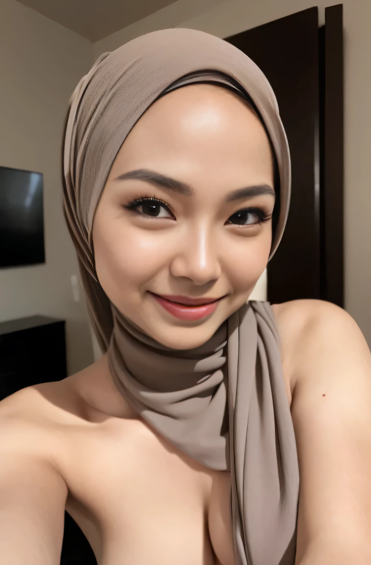 Very very very skinny asian hijab little flat chest, naked, nsfw, close up face, dynamic angle, smiling