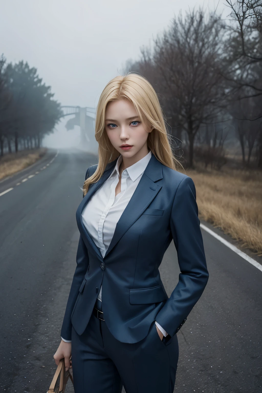 One Beautiful Woman。blonde blue eyes。Has a serious expression on his face。She wears a suit。She stands alone on a deserted road in the countryside.。A thick fog gathers around、There is an eerie atmosphere。beautiful double eyes。bridge of nose。well-shaped lips。masterpiece。