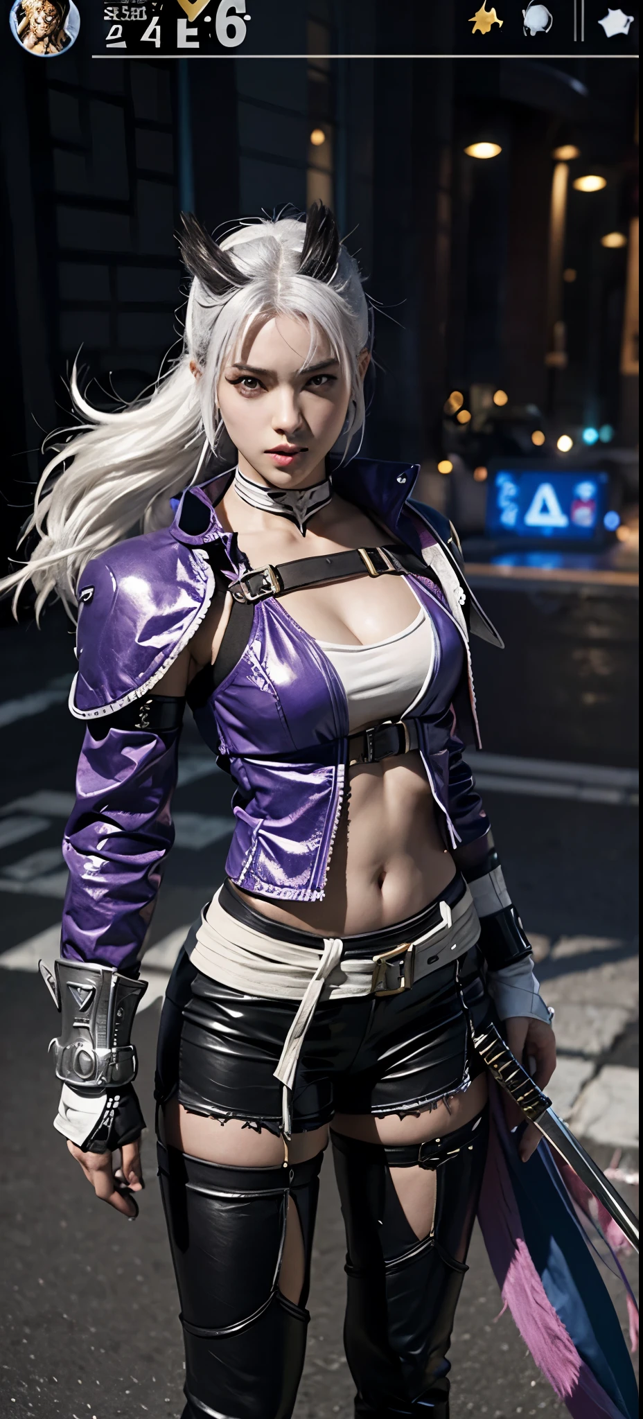 a close up of a person in a costume with a sword, as a character in tekken, female character, tifa lockhart with white hair, katana zero video game character, lunar themed attire, kda, slim body, cyborg - girl with silver hair, upper body avatar, fashion gameplay screenshot, fighting game character, new character, floralpunk elysian maiden, sigma female