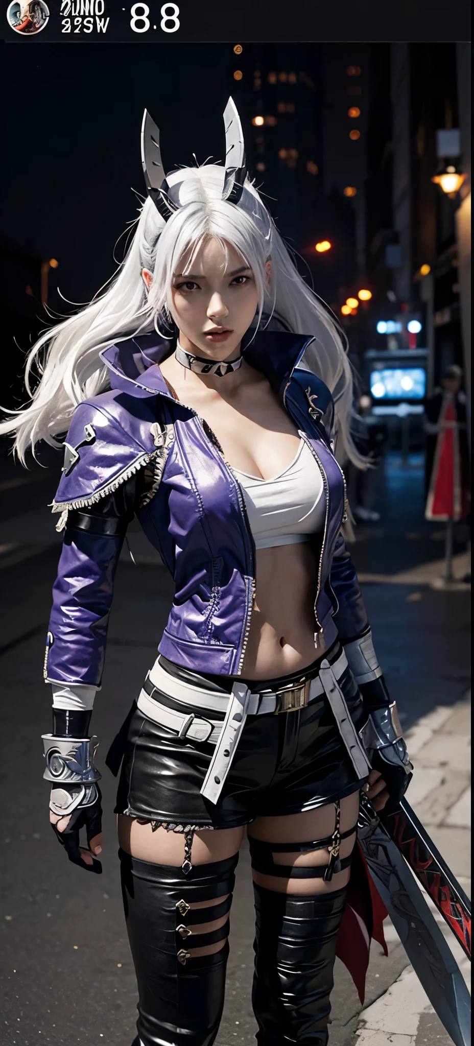 a close up of a person in a costume with a sword, as a character in tekken, female character, tifa lockhart with white hair, katana zero video game character, lunar themed attire, kda, slim body, cyborg - girl with silver hair, upper body avatar, fashion gameplay screenshot, fighting game character, new character, floralpunk elysian maiden, sigma female