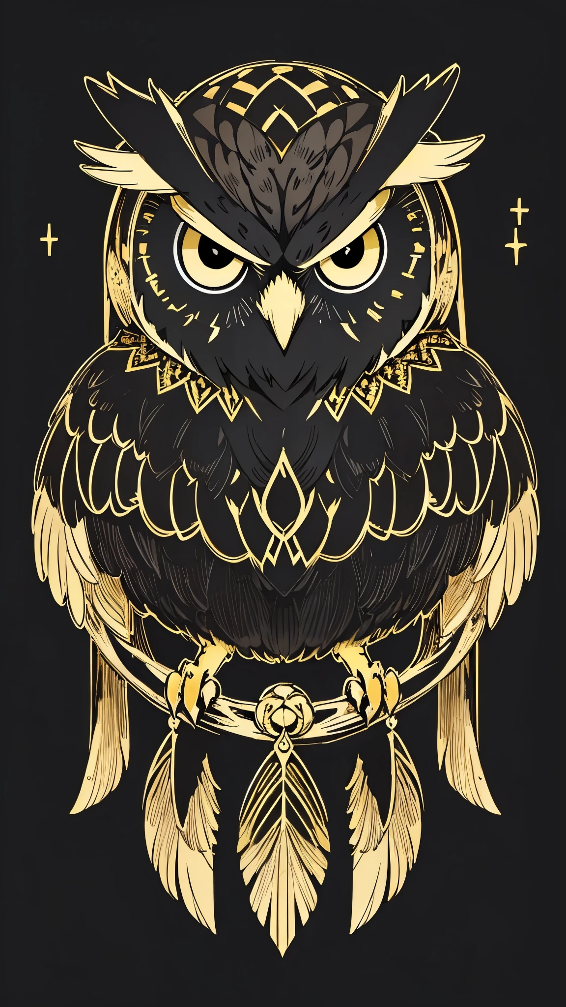 Owl line art, black background,(black and gold only 1.2)