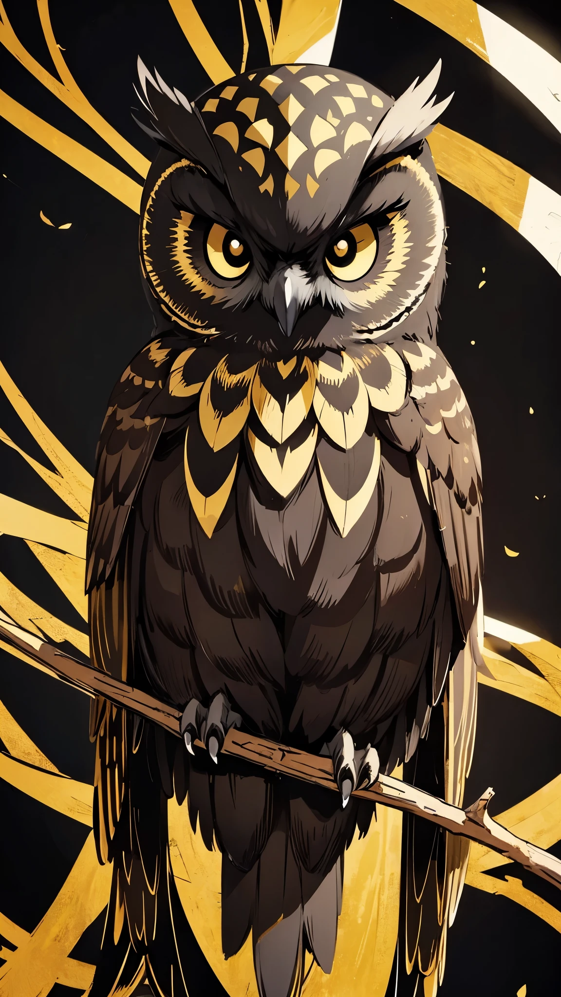 Owl line art, black background,(black and gold only 1.2)