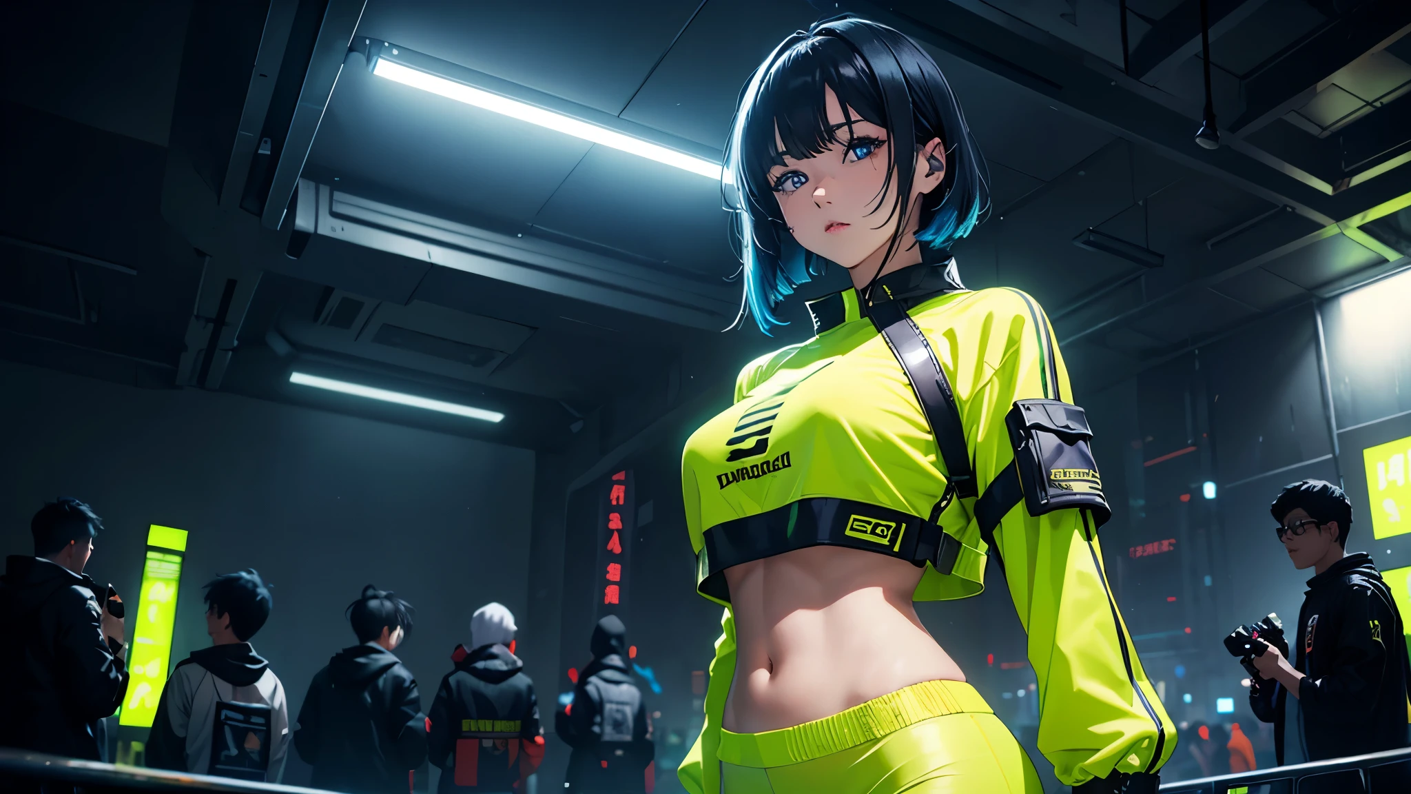 4K, A high resolution, Best quality at best, masterpiece, perfect colors, perfect shadow, perfect litthing, ((sportrait)), ((five woman), (First 2 people、Back 3 people)), fit-muscled body, bright yellow eyes,dark blue hair , blue eyes, With round lenses, The audience watched carefully, , Perfect female figure, ((standing)), (( neon yellow crop top neon yellow suit)), ((shy and looking at viewert)), (Perfect thick white eyebrows) Delicate fur, 详细s face, s the perfect face, At a fantasy cyberpunk city , (model pose standing), energetic background, perfect city skyscape, lighting atmosphere, ((Bonifasko lighting)), (The round lenses on his eyes)(詳細な目), Perfect student, face close up