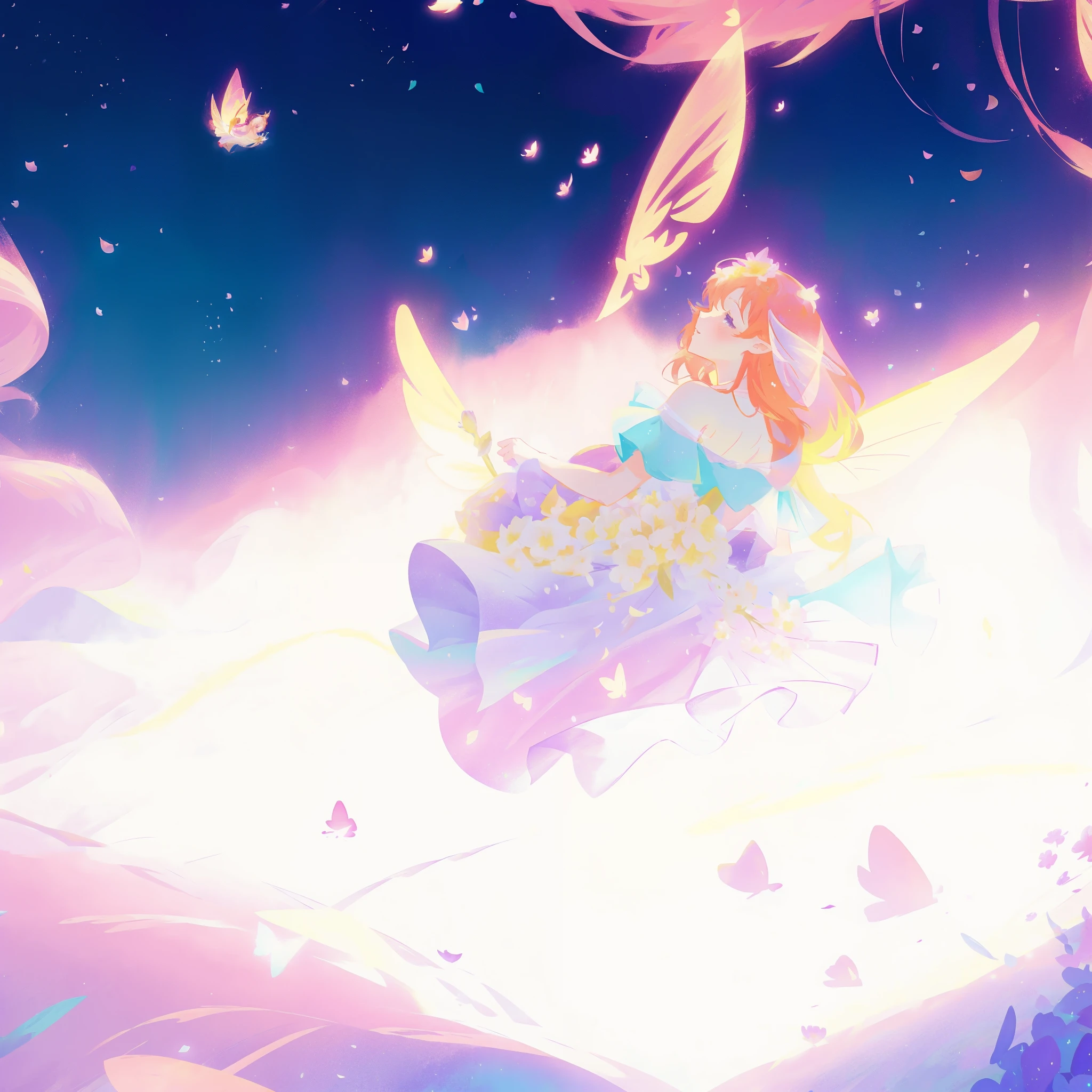 beautiful girl in tiered gradient ballgown dress, gradient colorful dress, ((layered flower petal skirt)), fairy dress, fairy queen, magical fantasia background, (glowing fairy wings), glowing flowing ballgown, long wavy hair, sparkling fairy wings, watercolor illustration, inspired by Glen Keane, inspired by Lois van Baarle, disney art style, jen bartel, beautiful digital illustration, beautiful, masterpiece, best quality, anime disney style