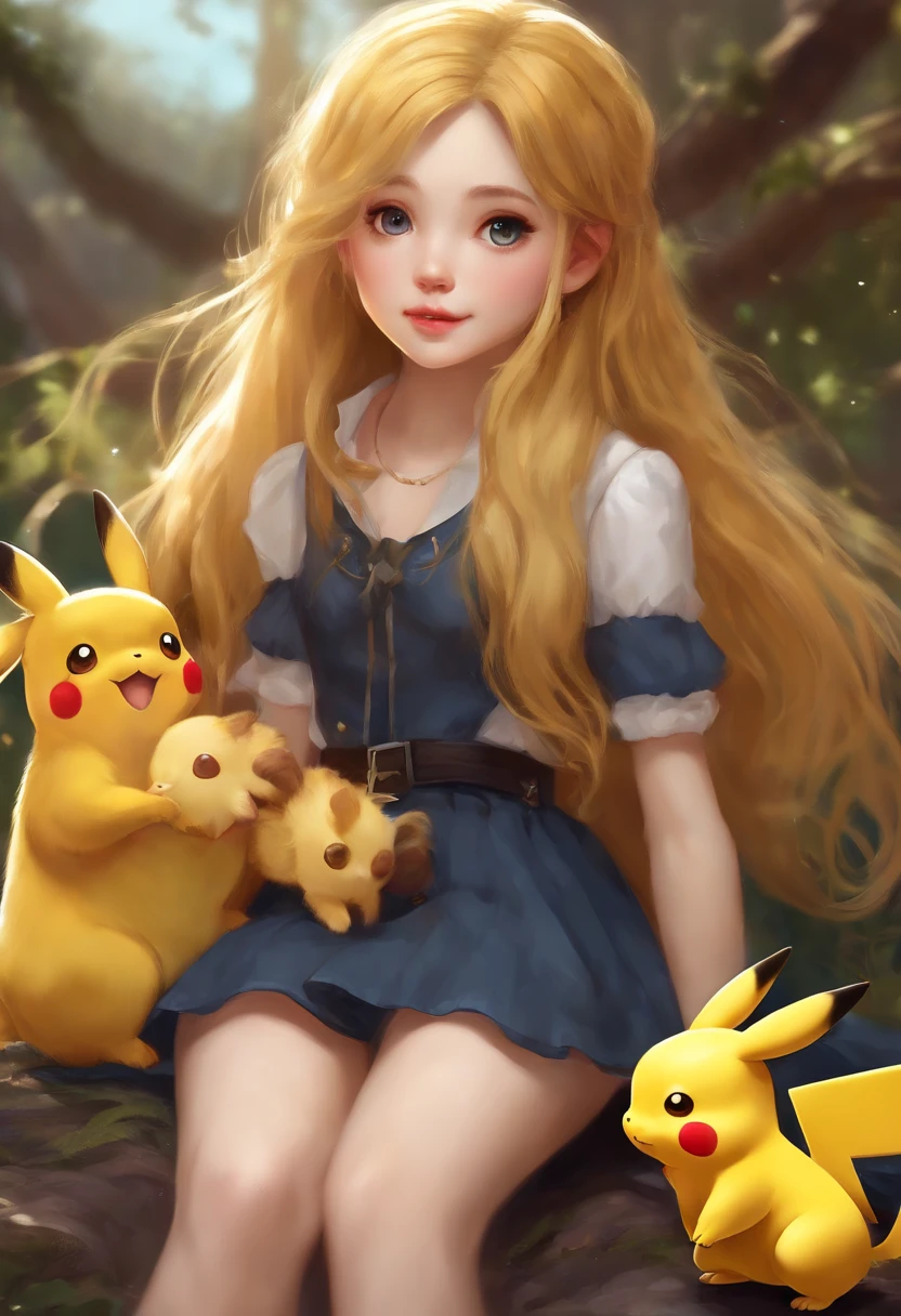 Girl with long yellow hair and short skirt holding a playful and cute Pikachu