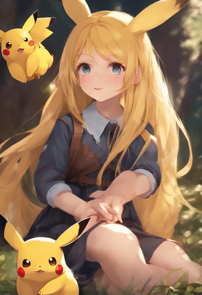 Girl with long yellow hair and short skirt holding a playful and cute Pikachu