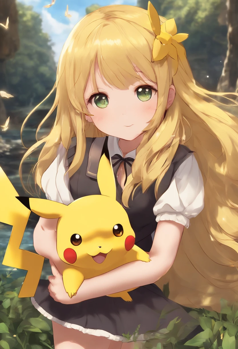 Girl with long yellow hair and short skirt holding a playful and cute Pikachu