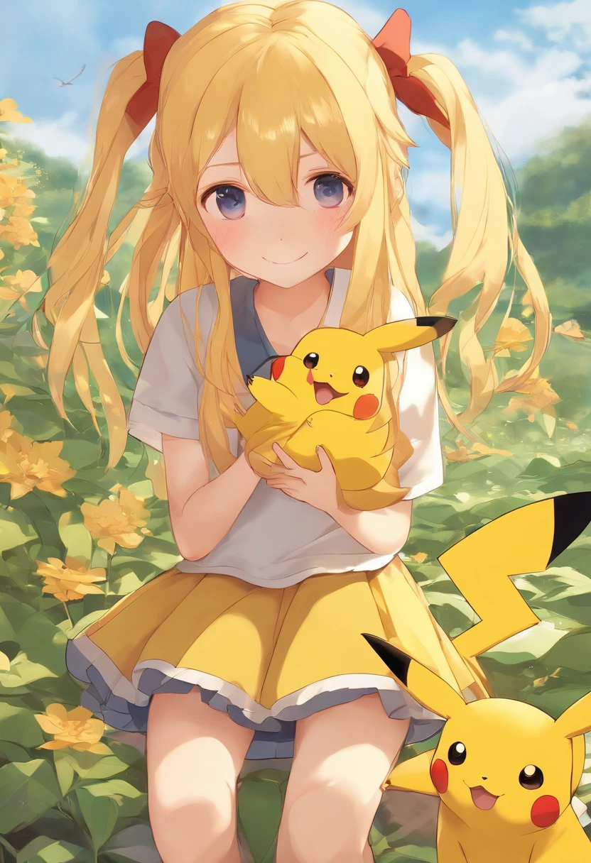 Girl with long yellow hair and short skirt holding a playful and cute Pikachu