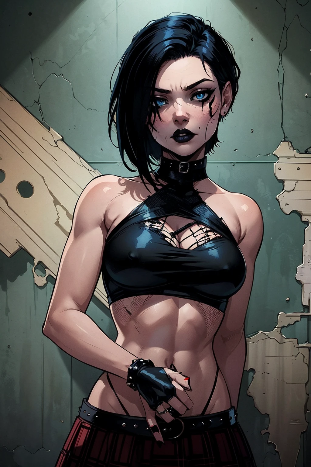 a woman with short black hair, hair on shoulders,  wearing a black cropped  and plaid skirt, blue eyes, zombie art, gothic art, cute aesthetic with vibe, toon aesthetic, wearing red costume, wearing gothic accessories, look like Cassie Hack, upper body, zombie background, holdind a skull in her hands