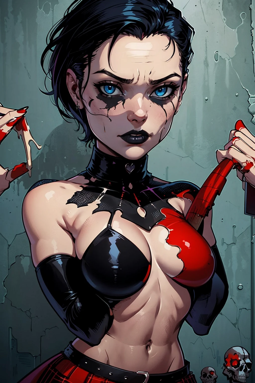 a woman with short black hair, hair on shoulders,  wearing a black cropped  and plaid skirt, blue eyes, zombie art, gothic art, cute aesthetic with vibe, toon aesthetic, wearing red costume, wearing gothic accessories, look like Cassie Hack, upper body, zombie background, holdind a skull in her hands