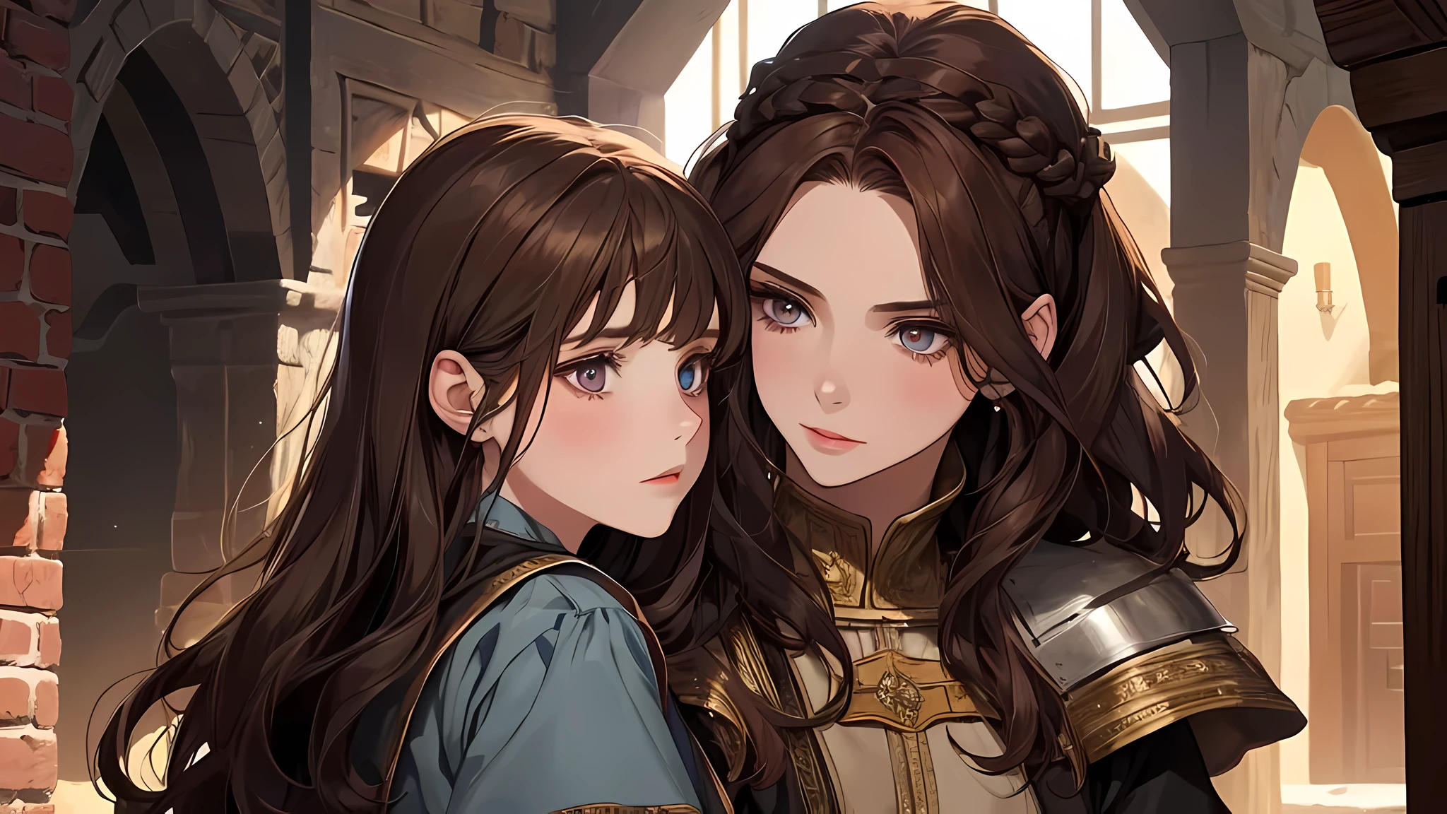 1 young female with 1 kid girl, brown hair, beautiful face, detailed face, detailed eyes, detailed nose, in a small room, medieval times, in a tavern