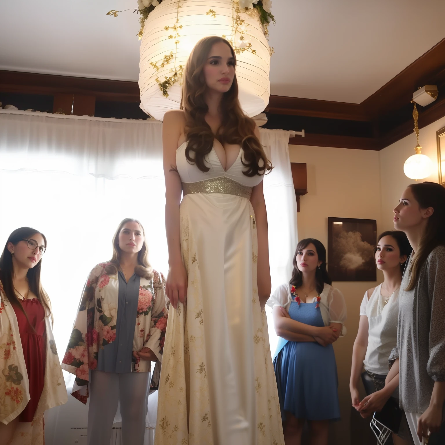 hidden breasts, long shiny white dress, (big giant enormous oversized massive huge colossal breasts:1.55), (gigantic sagging breasts:1.55), (long hair:1.5), wavy hair, Natalie Portman