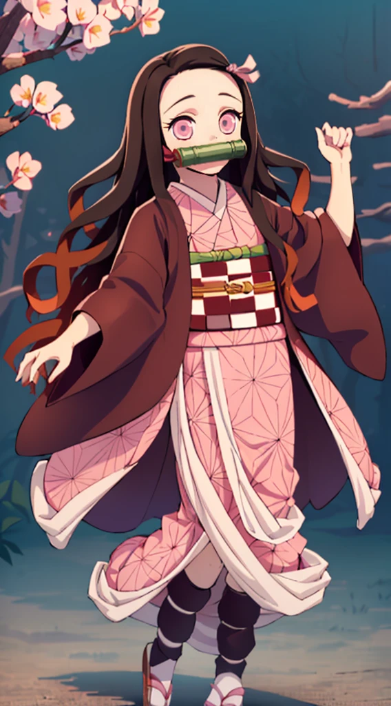Masterpiece, best quality, high resolution, venus1, 1girl, solo, kamato nezuko, bamboo, brown hair, (((pink ribbon)) checkered belt, gag, gag, gradient hair, haori, japanese clothes, kimono, long hair, looking at the audience, pink eyes, pink kimono, pink ribbon, solo, full body