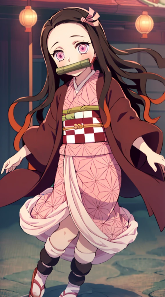 Masterpiece, best quality, high resolution, venus1, 1girl, solo, kamato nezuko, bamboo, brown hair, (((pink ribbon)) checkered belt, gag, gag, gradient hair, haori, japanese clothes, kimono, long hair, looking at the audience, pink eyes, pink kimono, pink ribbon, solo, full body