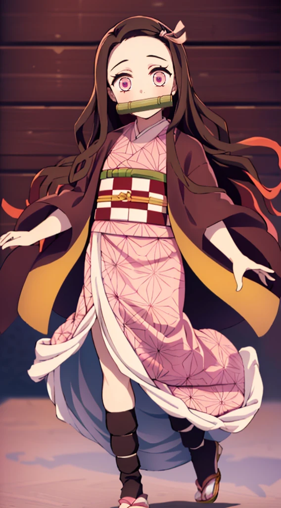 Masterpiece, best quality, high resolution, venus1, 1girl, solo, kamato nezuko, bamboo, brown hair, (((pink ribbon)) checkered belt, gag, gag, gradient hair, haori, japanese clothes, kimono, long hair, looking at the audience, pink eyes, pink kimono, pink ribbon, solo, full body