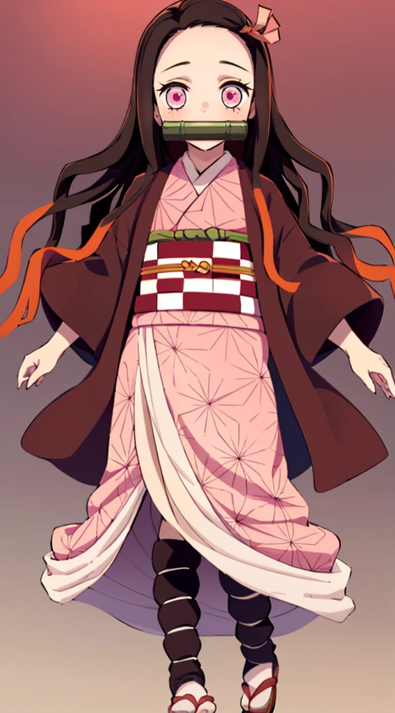 Masterpiece, best quality, high resolution, venus1, 1girl, solo, kamato nezuko, bamboo, brown hair, (((pink ribbon)) checkered belt, gag, gag, gradient hair, haori, japanese clothes, kimono, long hair, looking at the audience, pink eyes, pink kimono, pink ribbon, solo, full body