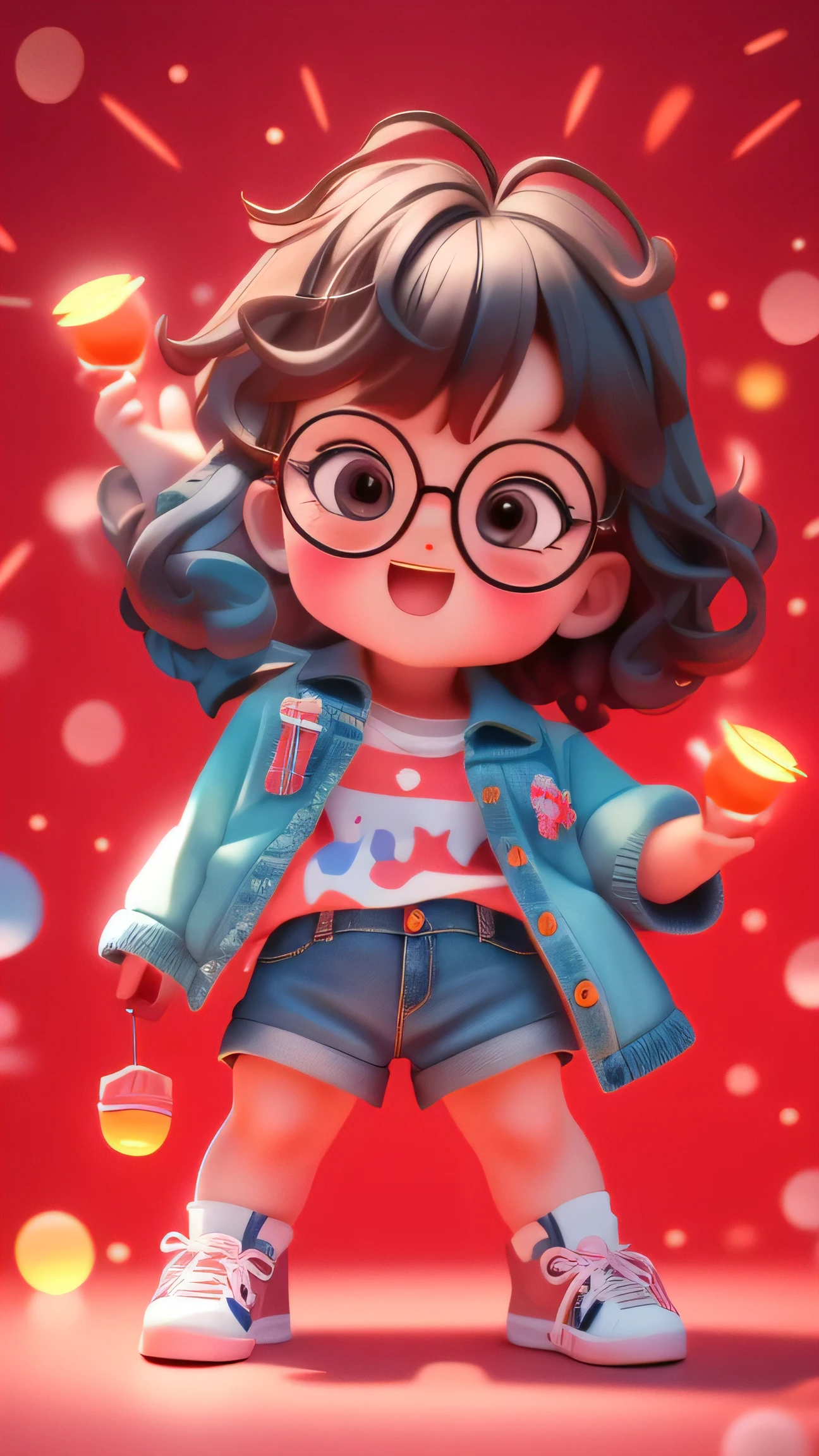 A 6 year old,new year wishes, round face fair skin, short curly hair, whole body, beaming, cartoon, best details, cute girl.shining eyes,smile and fun,dynamic action,Black full frame round glasses,red background , Lanterns and fireworks, chibi, No upper limit, White and Blue Adidas Superstar Shoes, Japanese 90s comic style, toy trends,Denim shorts,HD, 3Drender, mixer, high resolution