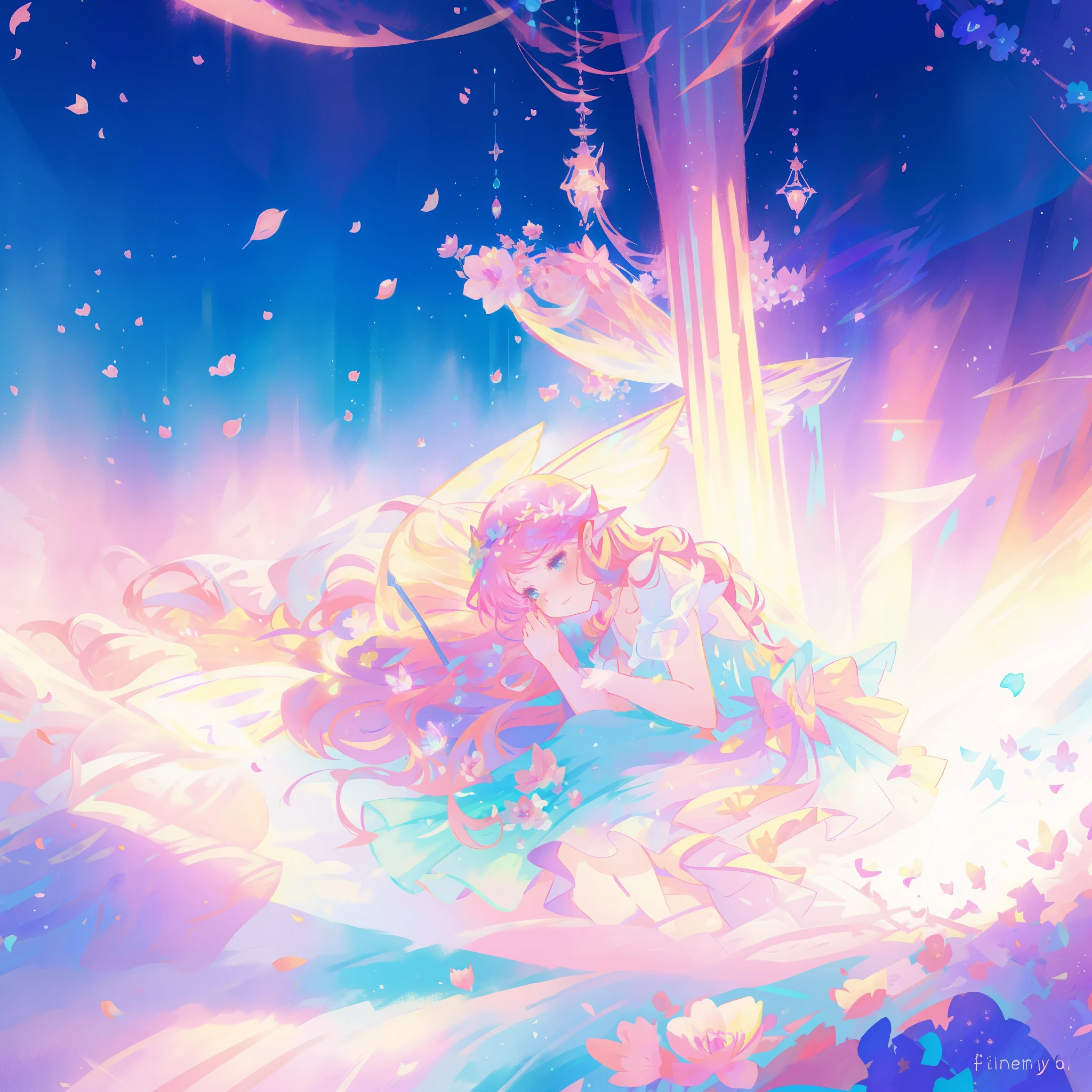 close up of a beautiful fairy girl in tiered gradient ballgown dress, gradient colorful dress, ((layered flower petal skirt)), fairy dress, fairy queen, magical fantasia background, (glowing fairy wings), glowing flowing ballgown, long wavy hair, sparkling fairy wings, watercolor illustration, inspired by Glen Keane, inspired by Lois van Baarle, disney art style, jen bartel, beautiful digital illustration, beautiful, masterpiece, best quality, anime disney style
