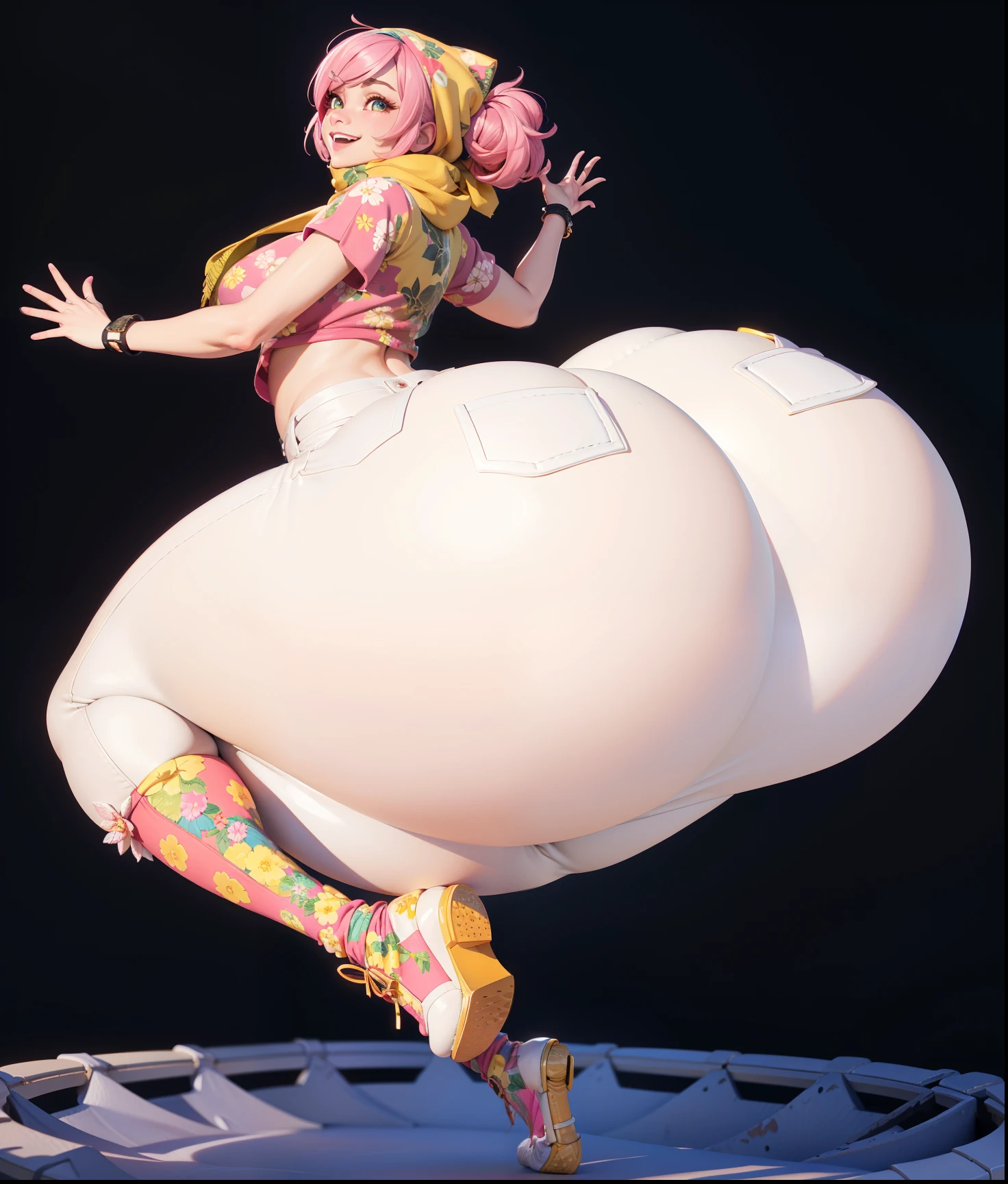 beautiful, masterpiece, best quality, extremely detailed face, perfect lighting, amazing art, 3d art, unreal engine, 4k ultra HD, (a woman with a massive butt), wearing tight white jeans, pink hair, yellow floral head scarf, smiling, beautiful,