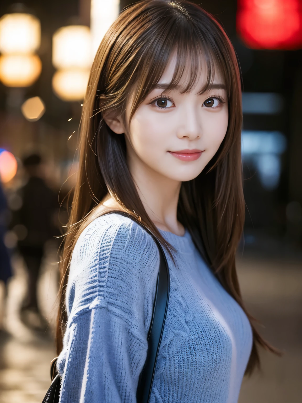 ​Masterpiece, 1 beautiful girl, A detailed eye, Puffy eyes, top-quality, 超A high resolution, (Realistic: 1.4), cinematic lighting, japanese, Asian Beauty, Super beauty, Beautiful skin, A slender, The body facing forward, (A hyper-realistic), (hilight resolution), (8K), (ighly detailed), (beautifully detailed eyes), (ultra-detailliert)、 (wall-), A detailed face, Bright lighting, proffetional lighting, looking at viewert, Facing straight ahead, (The costume  a knitted dress), Long hair, hair messy, asymmetrical bangs, night street scene, Brown hair, Japan idle, 韓国アイドル, hposing Gravure Idol, age25, tall, smile,